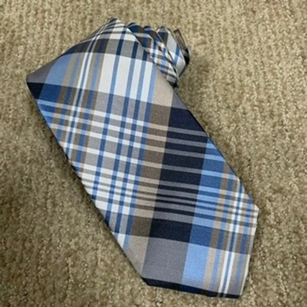 Countess Mara Silk Plaid Necktie Mens Blue Tan Handmade Ivy League Preppy